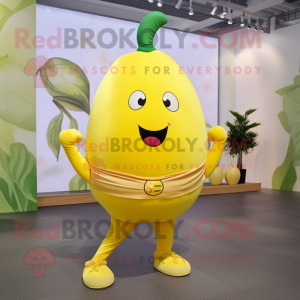Lemon Yellow Turnip mascot costume character dressed with a Yoga Pants and Belts