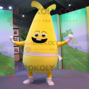 Lemon Yellow Turnip mascot costume character dressed with a Yoga Pants and Belts