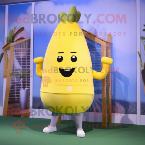 Lemon Yellow Turnip mascot costume character dressed with a Yoga Pants and Belts