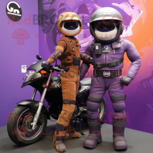 Purple Para Commando mascot costume character dressed with a Moto Jacket and Watches