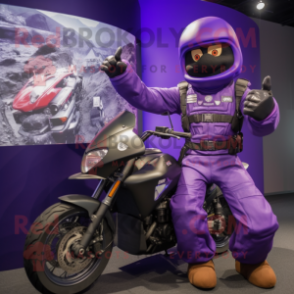 Purple Para Commando mascot costume character dressed with a Moto Jacket and Watches