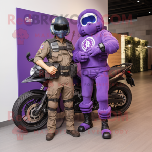 Purple Para Commando mascot costume character dressed with a Moto Jacket and Watches