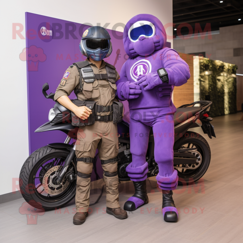 Purple Para Commando mascot costume character dressed with a Moto Jacket and Watches Purple Para Commando mascot costume character dressed with a Moto Jacket and Watches