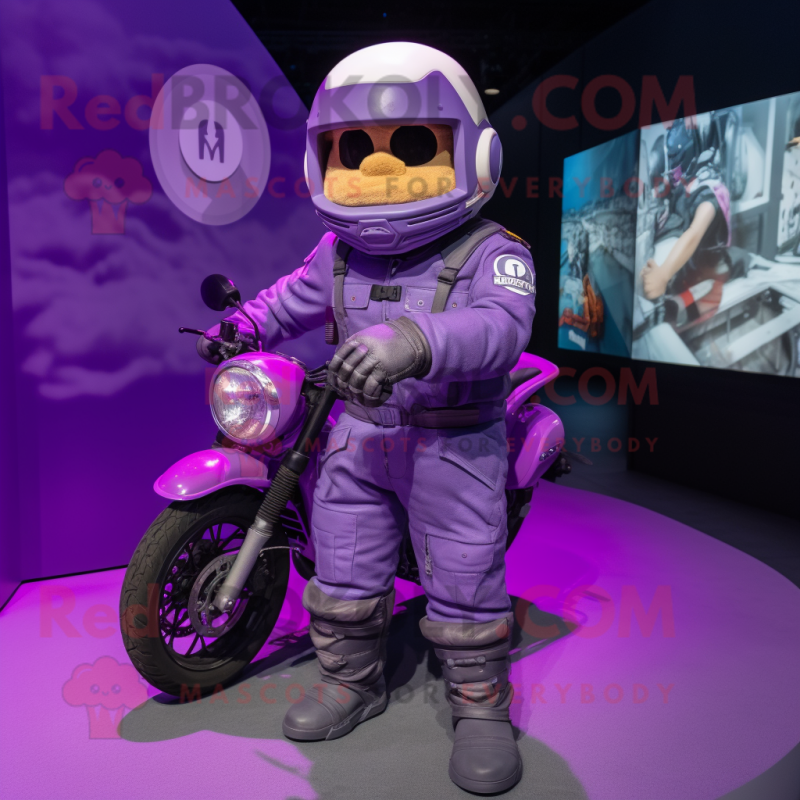 Purple Para Commando mascot costume character dressed with a Moto Jacket and Watches Purple Para Commando mascot costume character dressed with a Moto Jacket and Watches