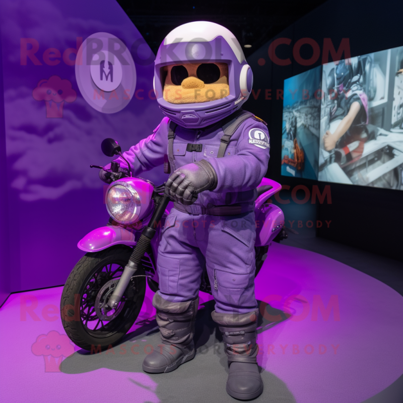 Purple Para Commando mascot costume character dressed with a Moto Jacket and Watches