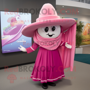 Pink Fajitas mascot costume character dressed with a Pleated Skirt and Hat pins