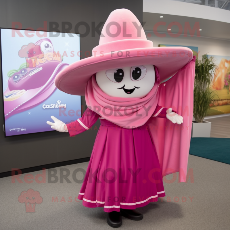 Pink Fajitas mascot costume character dressed with a Pleated Skirt and Hat pins Pink Fajitas mascot costume character dressed with a Pleated Skirt and Hat pins