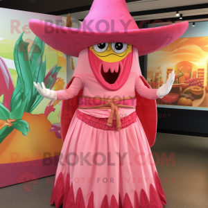 Pink Fajitas mascot costume character dressed with a Pleated Skirt and Hat pins
