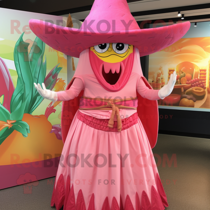 Pink Fajitas mascot costume character dressed with a Pleated Skirt and Hat pins Pink Fajitas mascot costume character dressed with a Pleated Skirt and Hat pins