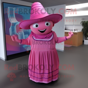 Pink Fajitas mascot costume character dressed with a Pleated Skirt and Hat pins