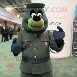 Green Navy Seal mascot costume character dressed with a Blazer and Mittens