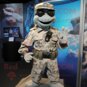 Silver Marine Recon mascot costume character dressed with a Poplin Shirt and Bracelets