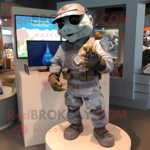 Silver Marine Recon mascot costume character dressed with a Poplin Shirt and Bracelets