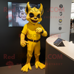 Yellow Gargoyle mascot costume character dressed with a Polo Shirt and Digital watches