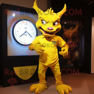 Yellow Gargoyle mascot costume character dressed with a Polo Shirt and Digital watches