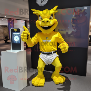 Yellow Gargoyle mascot costume character dressed with a Polo Shirt and Digital watches