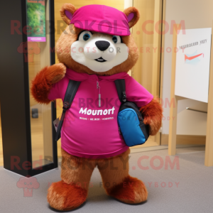 Magenta Marmot mascot costume character dressed with a Jeans and Messenger bags