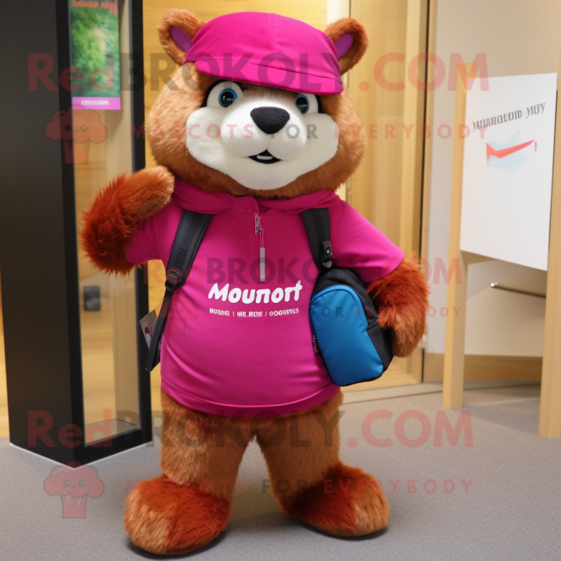 Magenta Marmot mascot costume character dressed with a Jeans and Messenger bags Magenta Marmot mascot costume character dressed with a Jeans and Messenger bags