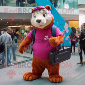 Magenta Marmot mascot costume character dressed with a Jeans and Messenger bags