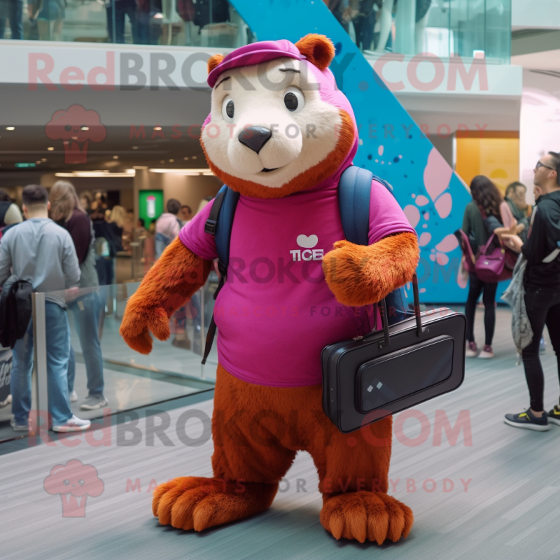 Magenta Marmot mascot costume character dressed with a Jeans and Messenger bags Magenta Marmot mascot costume character dressed with a Jeans and Messenger bags