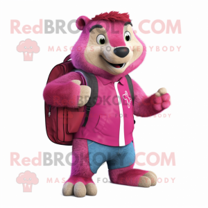 Magenta Marmot mascot costume character dressed with a Jeans and Messenger bags