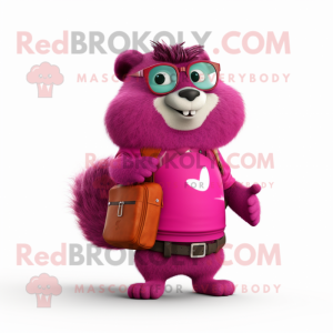 Magenta Marmot mascot costume character dressed with a Jeans and Messenger bags