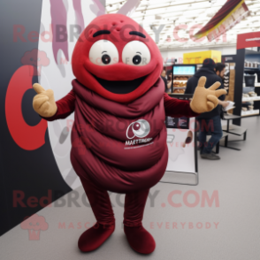 Maroon Croissant mascot costume character dressed with a Capri Pants and Smartwatches