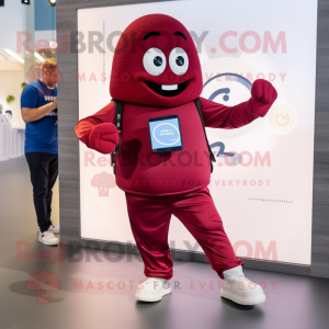 Maroon Croissant mascot costume character dressed with a Capri Pants and Smartwatches
