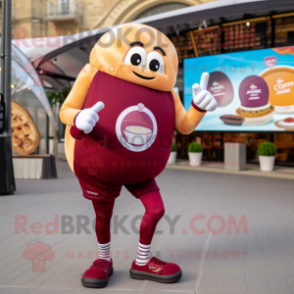 Maroon Croissant mascot costume character dressed with a Capri Pants and Smartwatches