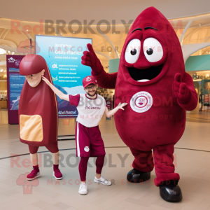Maroon Croissant mascot costume character dressed with a Capri Pants and Smartwatches
