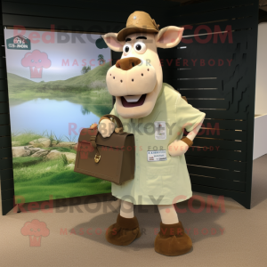 Cream Guernsey Cow mascot costume character dressed with a Cargo Shorts and Wallets