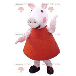 Rosa Schweinemaskottchen im roten Kleid - Redbrokoly.com