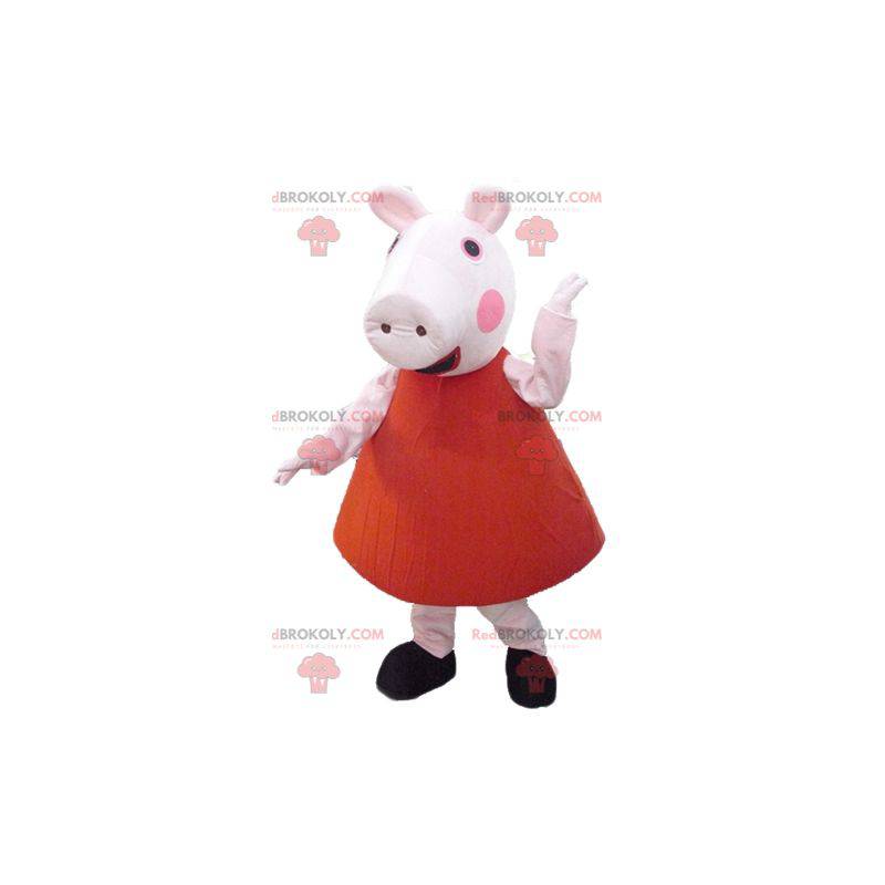 Mascotte de cochon rose en robe rouge - Redbrokoly.com