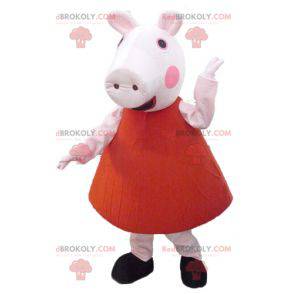 Rosa Schweinemaskottchen im roten Kleid - Redbrokoly.com