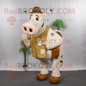 Cream Guernsey Cow mascot costume character dressed with a Cargo Shorts and Wallets