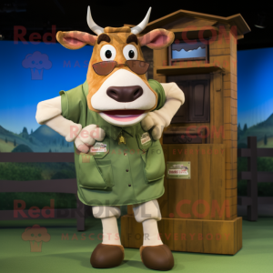 Cream Guernsey Cow mascot costume character dressed with a Cargo Shorts and Wallets