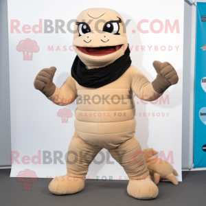 Tan Hydra mascot costume character dressed with a Turtleneck and Mittens