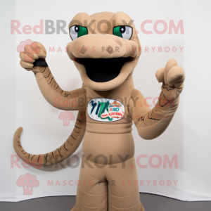 Tan Hydra mascot costume character dressed with a Turtleneck and Mittens