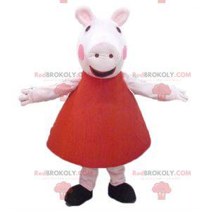 Mascota de cerdo rosa en vestido rojo - Redbrokoly.com