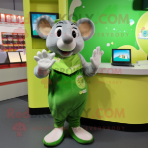 Lime Green Mouse mascot costume character dressed with a Henley Shirt and Coin purses