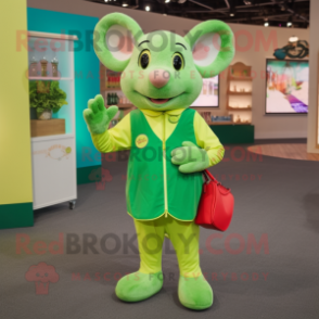 Lime Green Mouse mascot costume character dressed with a Henley Shirt and Coin purses