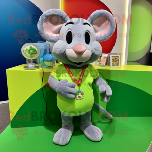 Lime Green Mouse mascot costume character dressed with a Henley Shirt and Coin purses