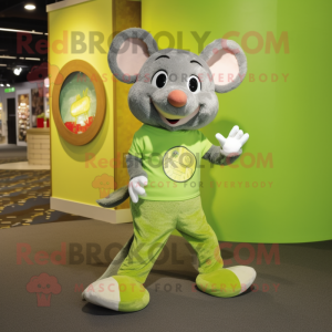 Lime Green Mouse mascot costume character dressed with a Henley Shirt and Coin purses