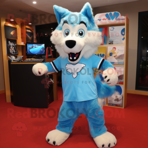 Sky Blue Dingo mascot costume character dressed with a Shorts and Hair clips