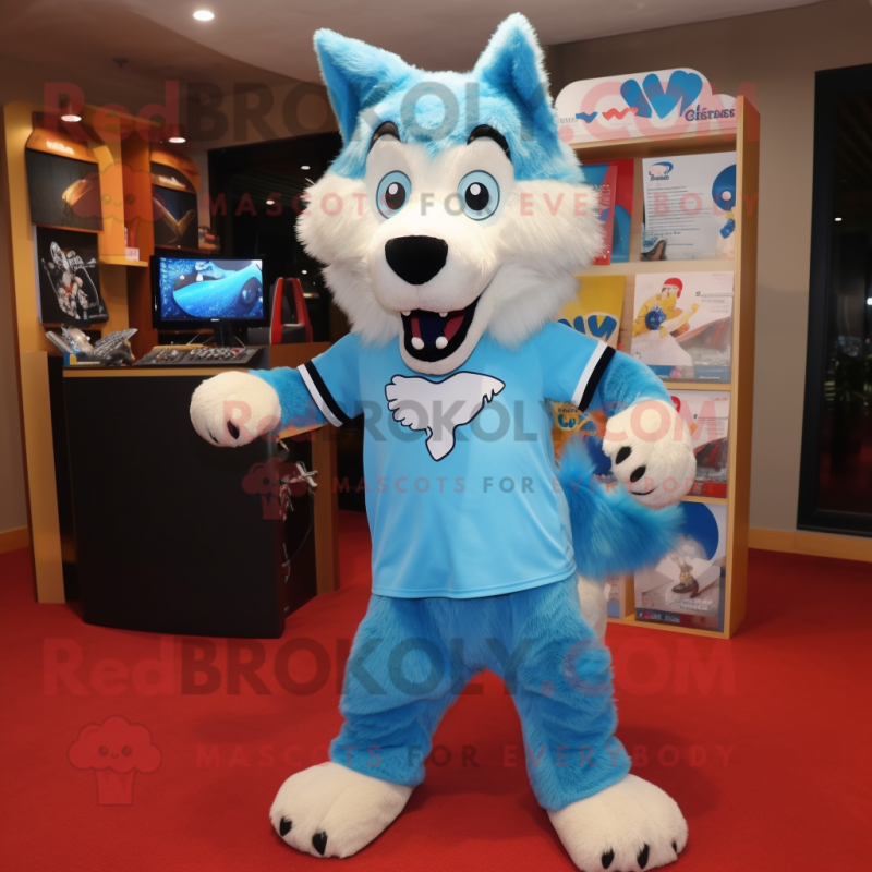 Sky Blue Dingo mascot costume character dressed with a Shorts and Hair clips