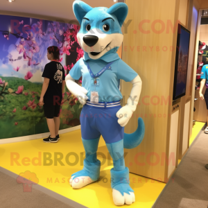 Sky Blue Dingo mascot costume character dressed with a Shorts and Hair clips