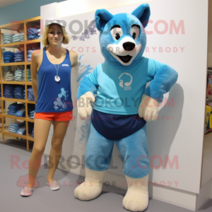 Sky Blue Dingo mascot costume character dressed with a Shorts and Hair clips