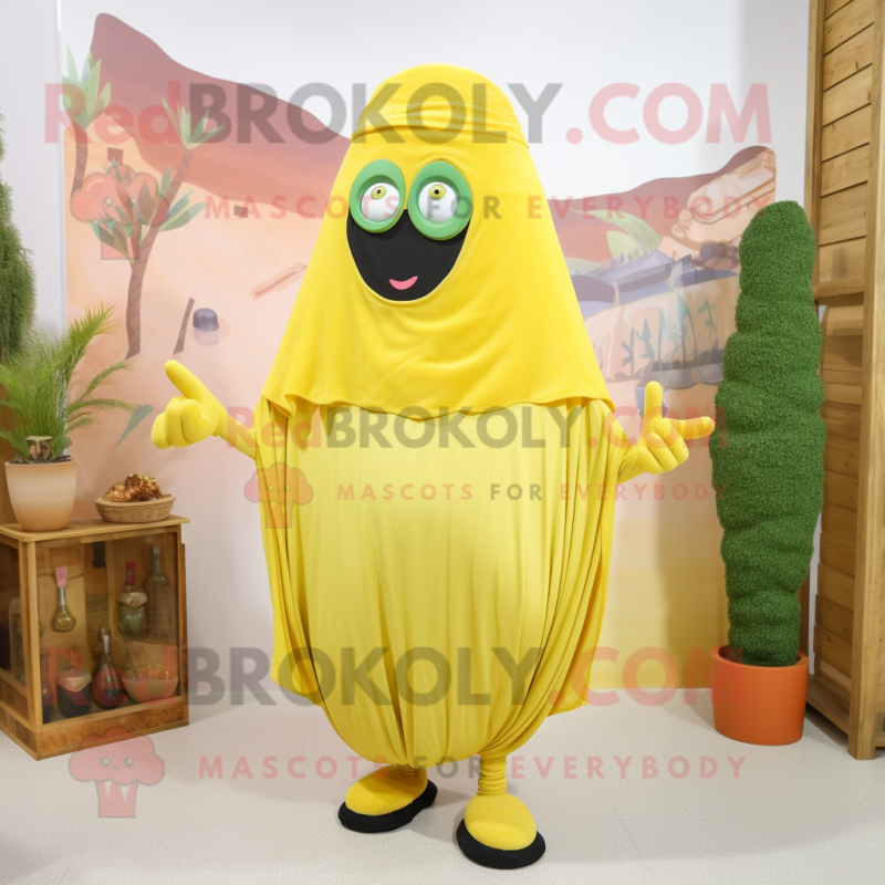 Lemon Yellow Falafel mascot costume character dressed with a Trousers and Shawls Lemon Yellow Falafel mascot costume character dressed with a Trousers and Shawls