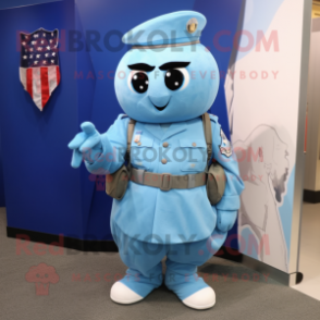 Sky Blue American Soldier mascot costume character dressed with a Midi Dress and Coin purses