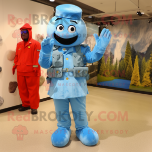 Sky Blue American Soldier mascot costume character dressed with a Midi Dress and Coin purses